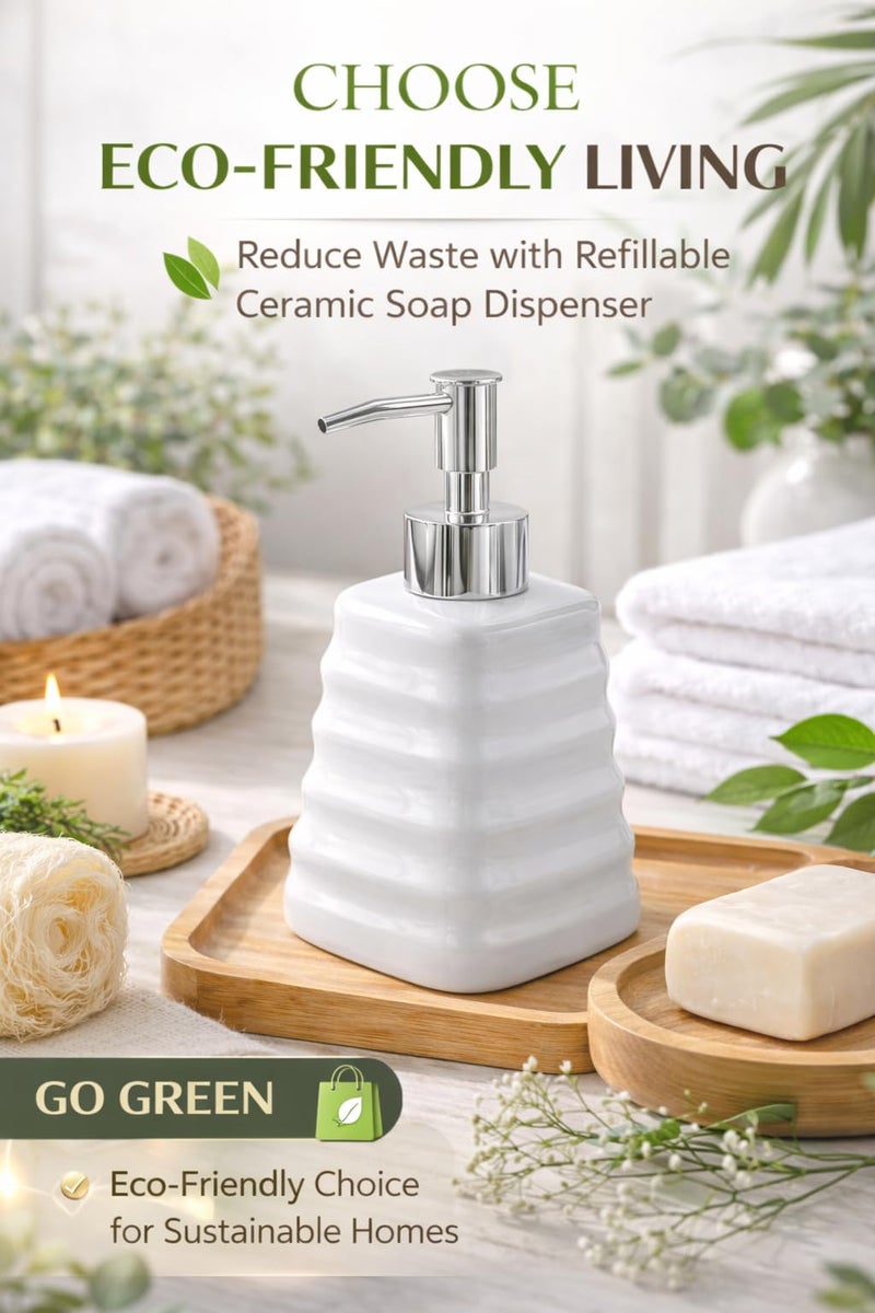 WHIZZO Premium Ceramic Soap Dispenser Bottle with ABS Pump | Refillable Liquid Soap, Hand Wash, Lotion Dispenser | Modern Bathroom & Kitchen Countertop Accessory (White, LD-047-D2) - Image 5