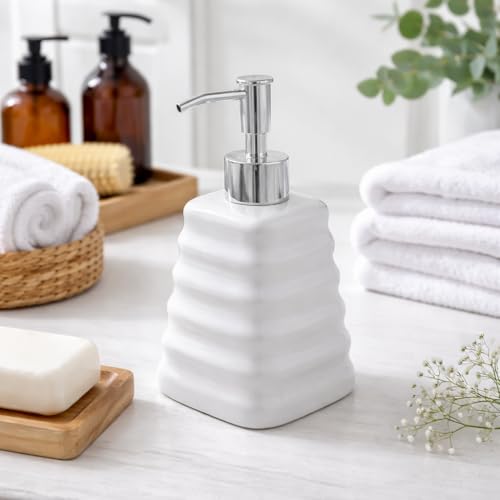 WHIZZO Premium Ceramic Soap Dispenser Bottle with ABS Pump | Refillable Liquid Soap, Hand Wash, Lotion Dispenser | Modern Bathroom & Kitchen Countertop Accessory (White, LD-047-D2) - Image 1