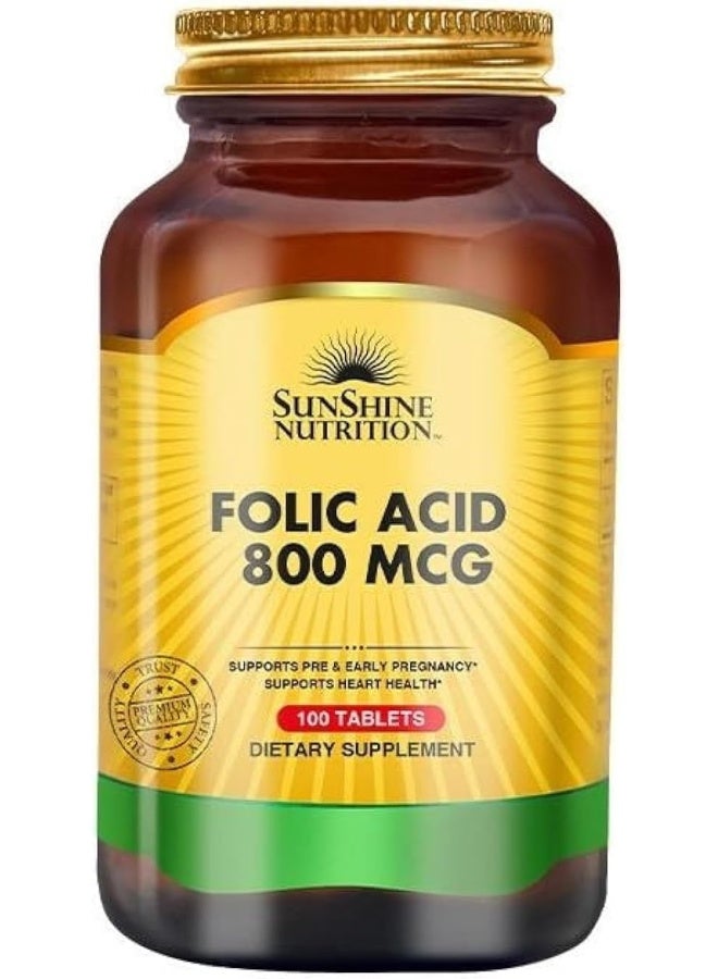 SUNSHINE NUTRITION أقراص حمض الفوليك 800 ميكروغرام | مكمل فيتامين ب9 لدعم الحمل المبكر والبدائي | يدعم صحة القلب، 100 قطعة - Image 1