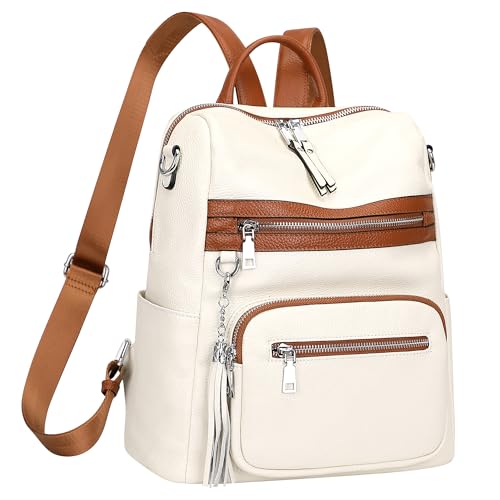 ALTOSY Genuine Leather Backpack Purse for Women Large Shoulder Bag With Laptop Compartment Multiple Pockets S106 BeigeBrown - Image 3