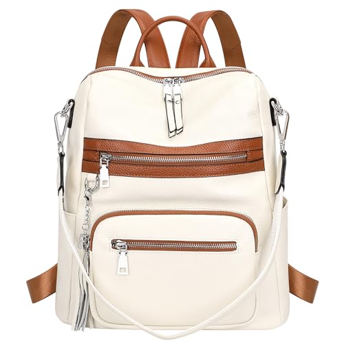 ALTOSY Genuine Leather Backpack Purse for Women Large Shoulder Bag With Laptop Compartment Multiple Pockets S106 BeigeBrown - Image 1