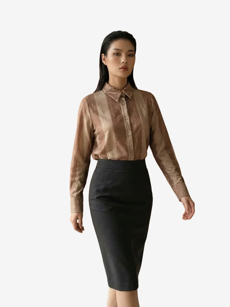 My Fashion Camel Brown MY FASHION Striped Velvet Weave Button Shirt for Women | Best Price UAE
