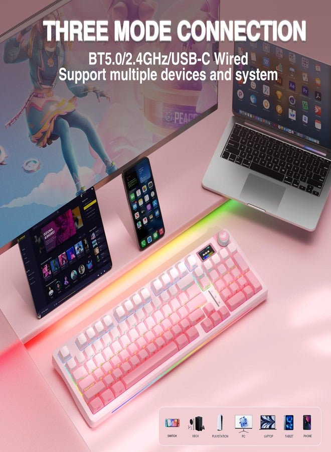 AULA S98 Pro Wireless Mechanical Keyboard with Screen & Knob,2.4GHz/USB-C/BT5.0 Hot Swappable Pink Creamy Keyboard,Pre-lubed Linear Switches,Side Printed PBT Keycaps,RGB Backlit Gaming Keyboards - Image 4