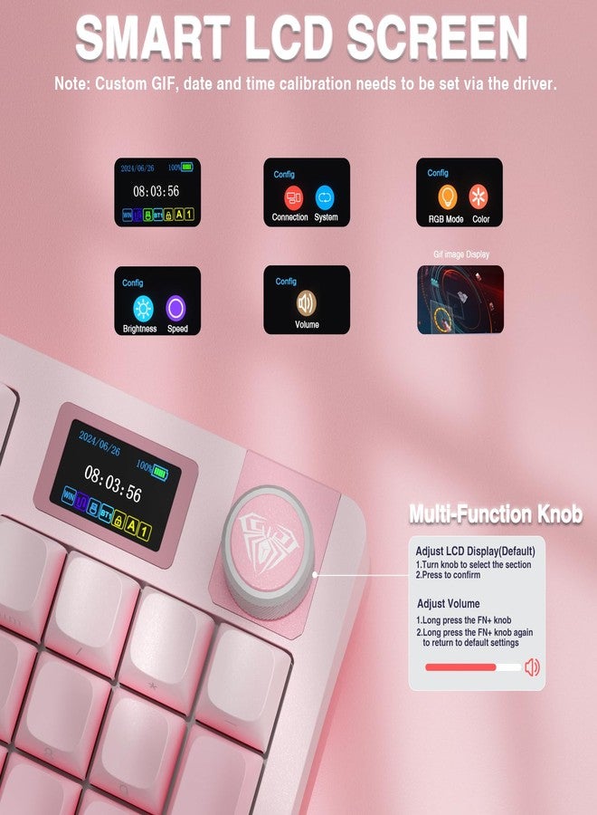 AULA S98 Pro Wireless Mechanical Keyboard with Screen & Knob,2.4GHz/USB-C/BT5.0 Hot Swappable Pink Creamy Keyboard,Pre-lubed Linear Switches,Side Printed PBT Keycaps,RGB Backlit Gaming Keyboards - Image 3