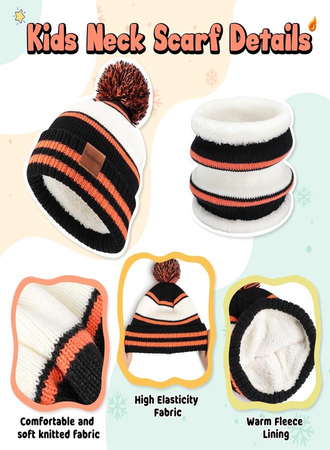 Bessteven Kids Winter Hat Scarf Gloves: Boys Beanie Hats Gloves Set for Ages 6-10 Warm Thick Fleece Lined Winter Set Knit Cap Snow Ski, Black & Orange, One Size - Image 3