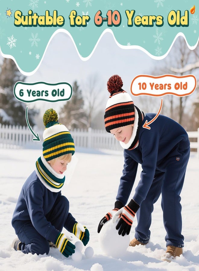 Bessteven Kids Winter Hat Scarf Gloves: Boys Beanie Hats Gloves Set for Ages 6-10 Warm Thick Fleece Lined Winter Set Knit Cap Snow Ski, Black & Orange, One Size - Image 5