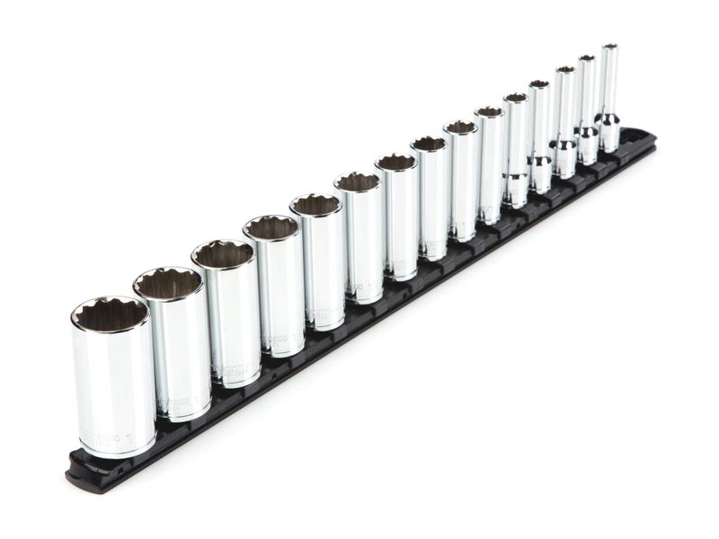 TEKTON 3/8 Inch Drive Deep 12-Point Socket Set with Rail, 15-Piece (1/4-1 in.) | SHD91115 - Image 1