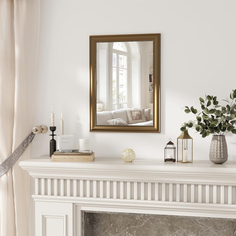 Axeman 22x30 Rectangular Wall Mirror, Decorative Bathroom Mirror, Traditional Vintage Wall Mounted Mirror with Beaded Frame for Accent Living Room Vanity Bedroom Entryway, Gold - Image 1