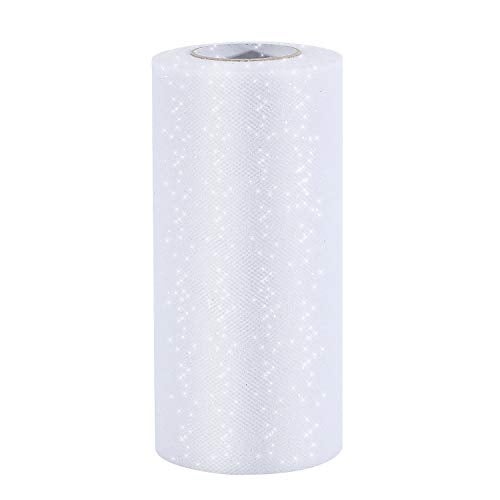 Senkary Glitter Tulle Roll Sparkling Tulle Ribbon Fabric Spool for Wedding Decoration Gift Wrapping, 6 Inch by 25 Yards (White) - Image 1