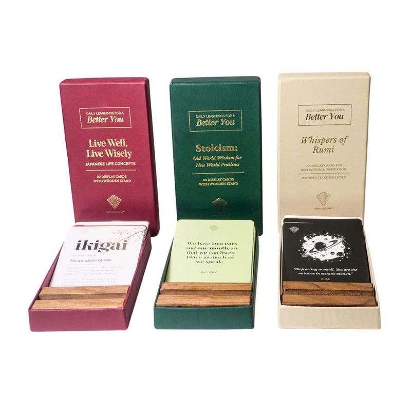 Vibha Designs Wisdom Card Bundle Set of 3 Themes Rumi Japanese Concepts Stoicism 90 Daily Inspirational Cards with Wooden Stand GiftReady Packaging for Mindfulness Personal Growth