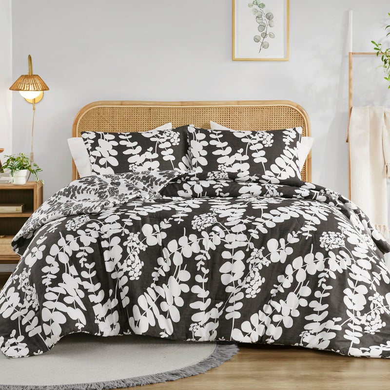 Comfort Spaces Queen Comforter Set, Breathable Microfiber Comforter Sets, Reversible Floral Comforters, Lightweight All Season Farmhouse Bedding, Matching Shams, Full/Queen, Black 3 Piece - Image 1
