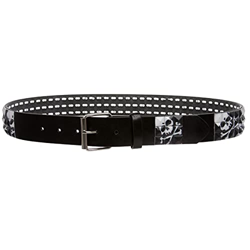 Beltiscool Snap On 1 1/2" Skull & Cross Bone Printed Punk Rock Studded Belt, Black | M - 35" - Image 2