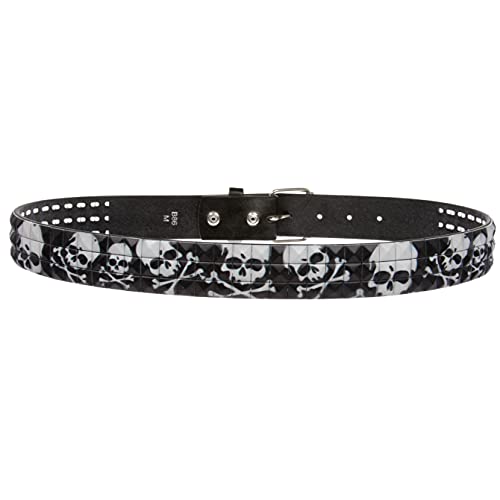 Beltiscool Snap On 1 1/2" Skull & Cross Bone Printed Punk Rock Studded Belt, Black | M - 35" - Image 3