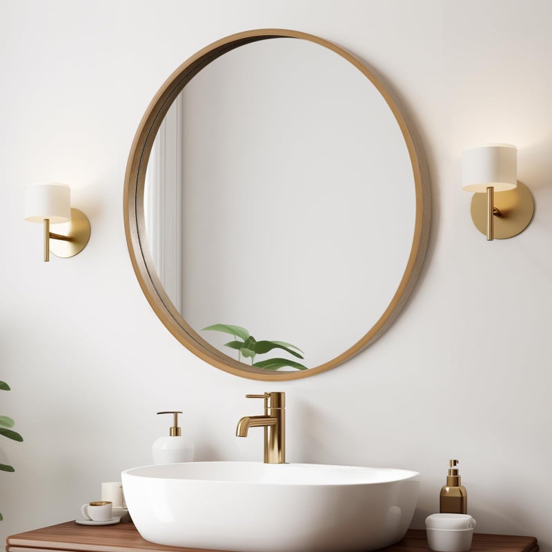 WallBeyond Round Wood Mirror 24" Circle Wall Mirror for Bathroom Round Wall Mirror for Wall Decor, Vanity, Entryway Living Room, Honey - Image 1