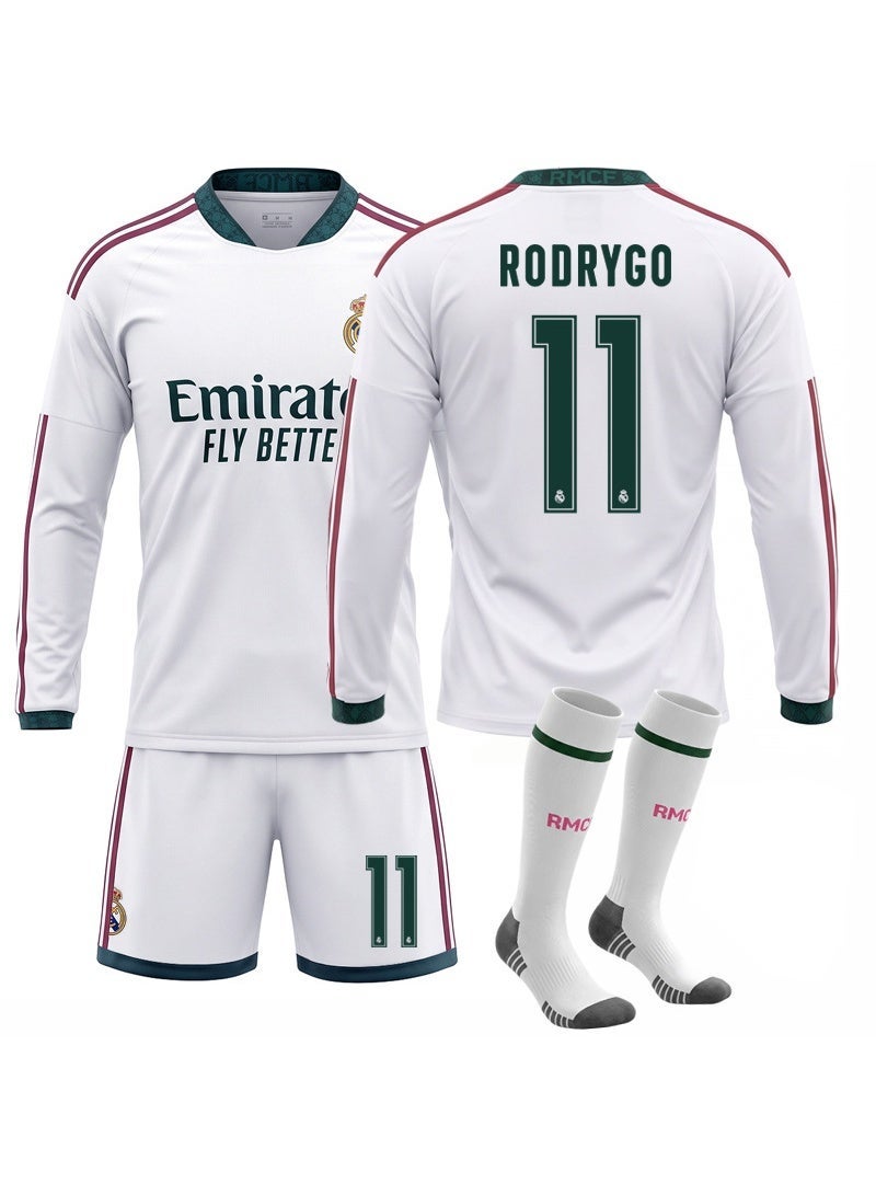 Real Madrid Home Long Sleeve Soccer Kit No.11 RODRYGO Jersey Shorts Socks Perfect Gift For Fans - Image 1