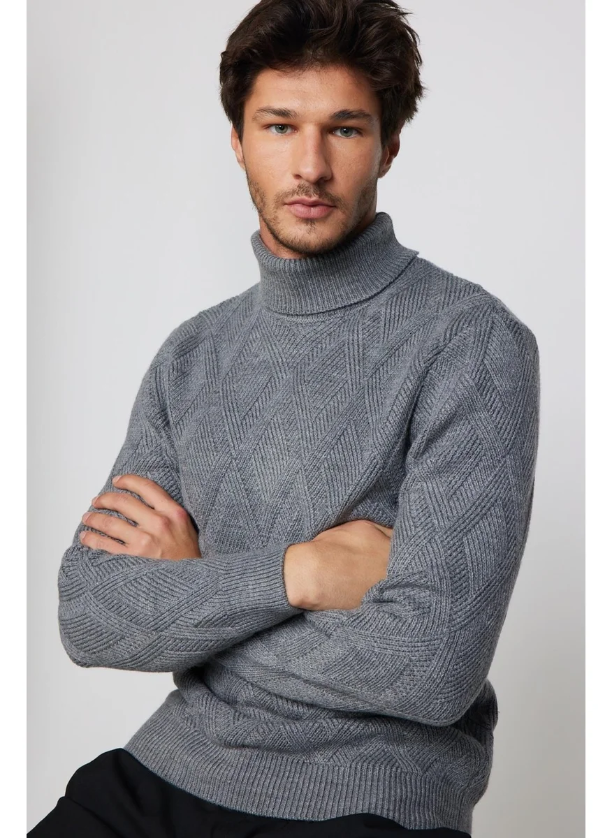 Tudors Slim Fit Slim Fit Full Turtleneck Patterned Gray Men's Knitwear Sweater