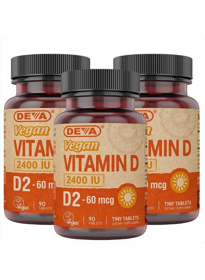 Deva Vegan Vitamin D2 60 mcg 2400 IU, Ergocalciferol Supplement with No Animal Ingredients, 90 Tablets, 3-Pack - Image 1