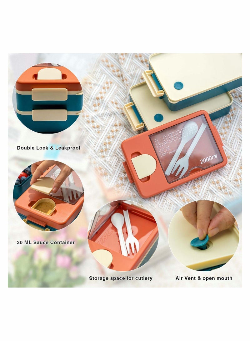 واي آند دي Lunch Box Stackable Large Bento 2000ML Container Built in Utensil for Adult Kids All One Modern Style School Office - Image 4