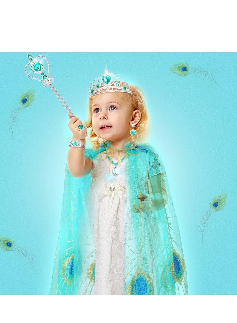 7-Piece Princess Cape Set for Girls with Tiara, Wand & Peacock Cloak - Perfect Dress-Up Costume - Image 5