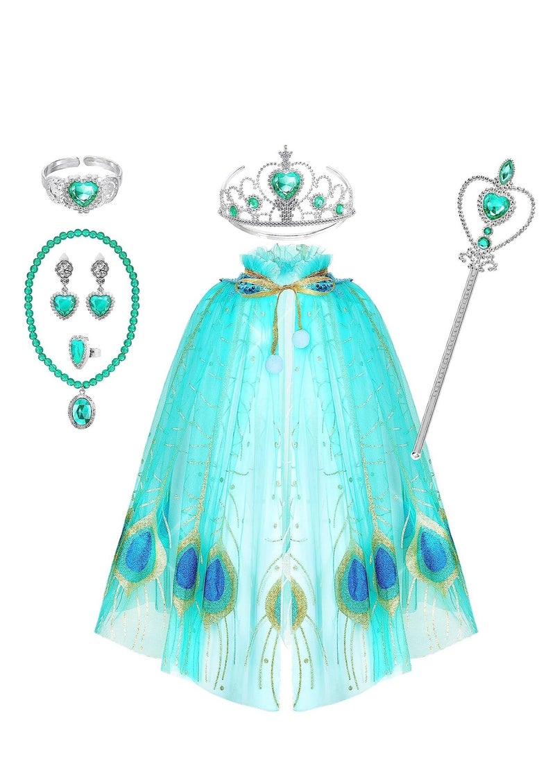 7-Piece Princess Cape Set for Girls with Tiara, Wand & Peacock Cloak - Perfect Dress-Up Costume - Image 1