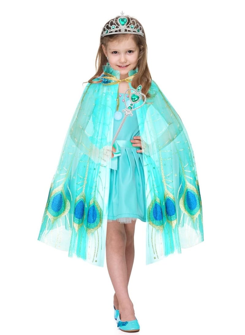 7-Piece Princess Cape Set for Girls with Tiara, Wand & Peacock Cloak - Perfect Dress-Up Costume - Image 4