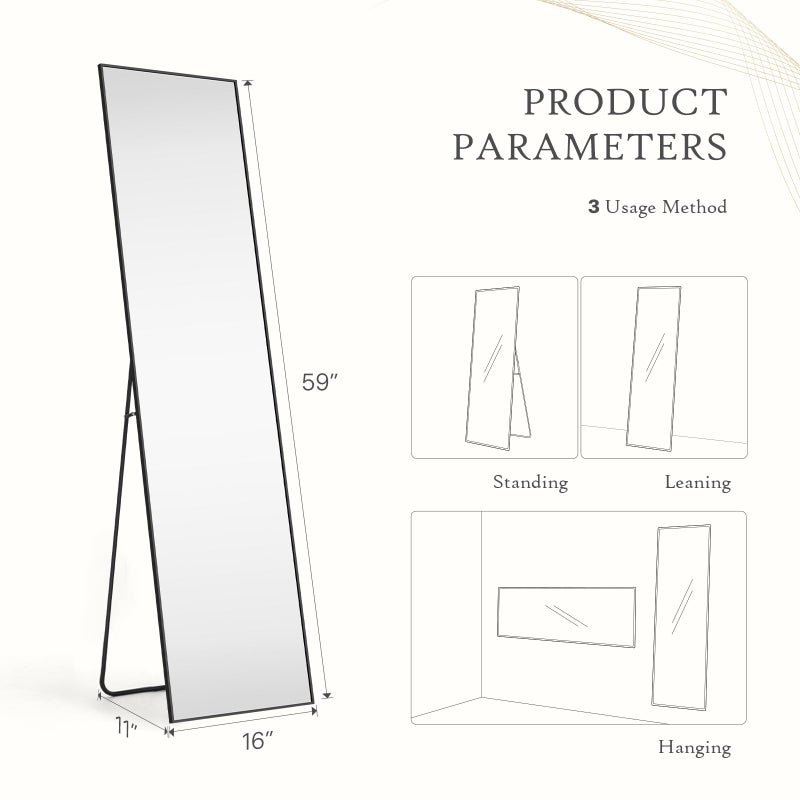 Aidoly Mirror Full Length, Upgraded 16"x59" Body Wall Mirrors with Shatter-Proof Glass, Floor Standing, Hanging or Leaning, Tall Mirror with Stand Aluminum Alloy Frame for Bedroom, Black - Image 2