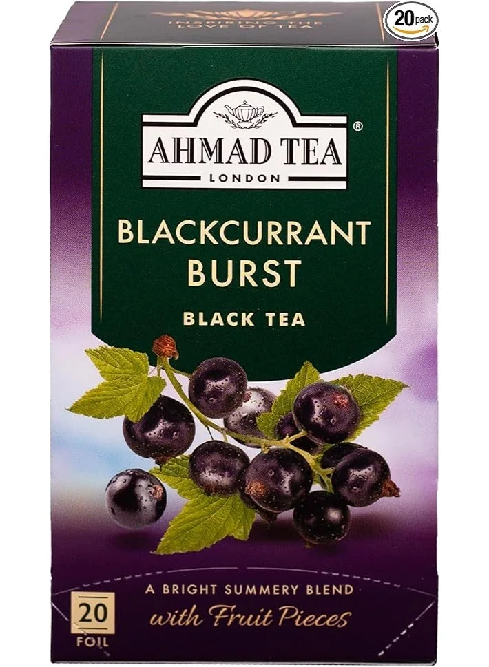 Ahmad Tea London Blackcurrant Burst Black Tea – Premium Flavored Black Tea with Real Blackcurrant Fruit Pieces – Rich Fruity Aroma & Smooth Full-Bodied Taste – Individually Foil Wrapped Tea Bags – 20 Enveloped Tea Bags