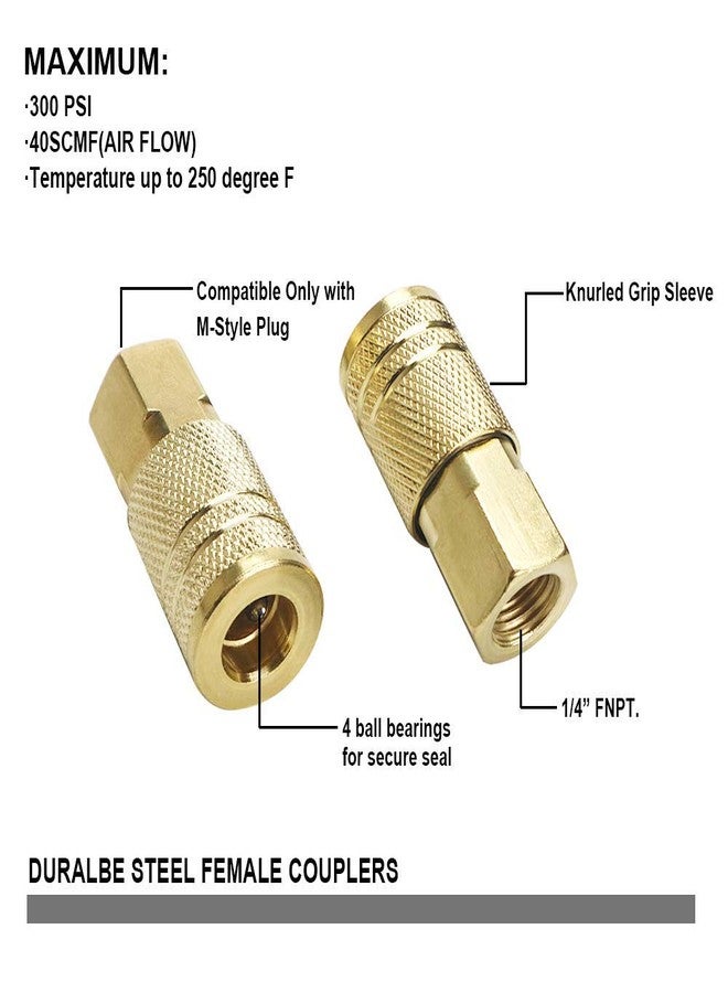 JS TOOLS Grehge eces Female Air Coupler Set, 1/4 Inch NPT Thread and Body Size Quick Connect Air Tool, Industrial Grade M-Style Coupler with Brass Finish for Quickly and Safely Disconnect Air Hose - Image 3
