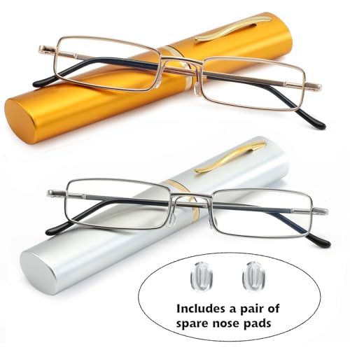 OWTXIS 2 Pack Blue Light Blocking Reading Glasses - Slim Pocket Readers with Pen Clip Case Mini Lightweight Readers (Gold, Silver, +2.50) - Image 2