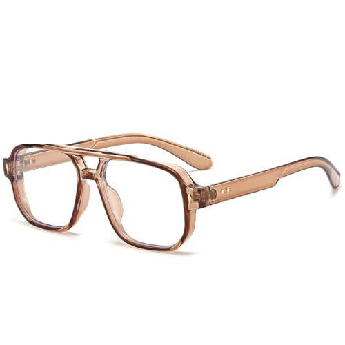 PORADAY Blue Light Blocking Glasses for Women Men 70s Retro Square Aviator Eyeglasses Rectangle Computer Eyewear(Light Brown) - Image 1