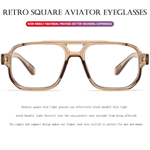 PORADAY Blue Light Blocking Glasses for Women Men 70s Retro Square Aviator Eyeglasses Rectangle Computer Eyewear(Light Brown) - Image 5