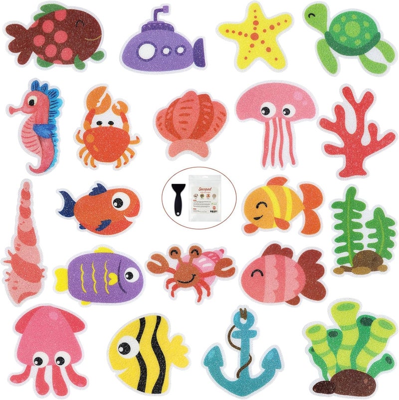 Secopad Non Slip Bathtub Stickers, 20pcs Submarine Sea Creature Adhesive Kids Anti Slip Decal Treads for Shower and Bath Tub with Premium Scraper - Image 1