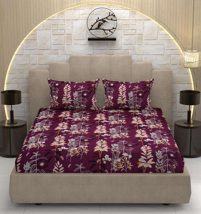 Subtlespreads XXL Premium Cotton Feel Super King Size Printed Bedsheets for Double Bed with 2 Pillow Covers - Bed Sheets for Bedroom (Purple Plants, Super King 108x108), 200 TC - Image 1