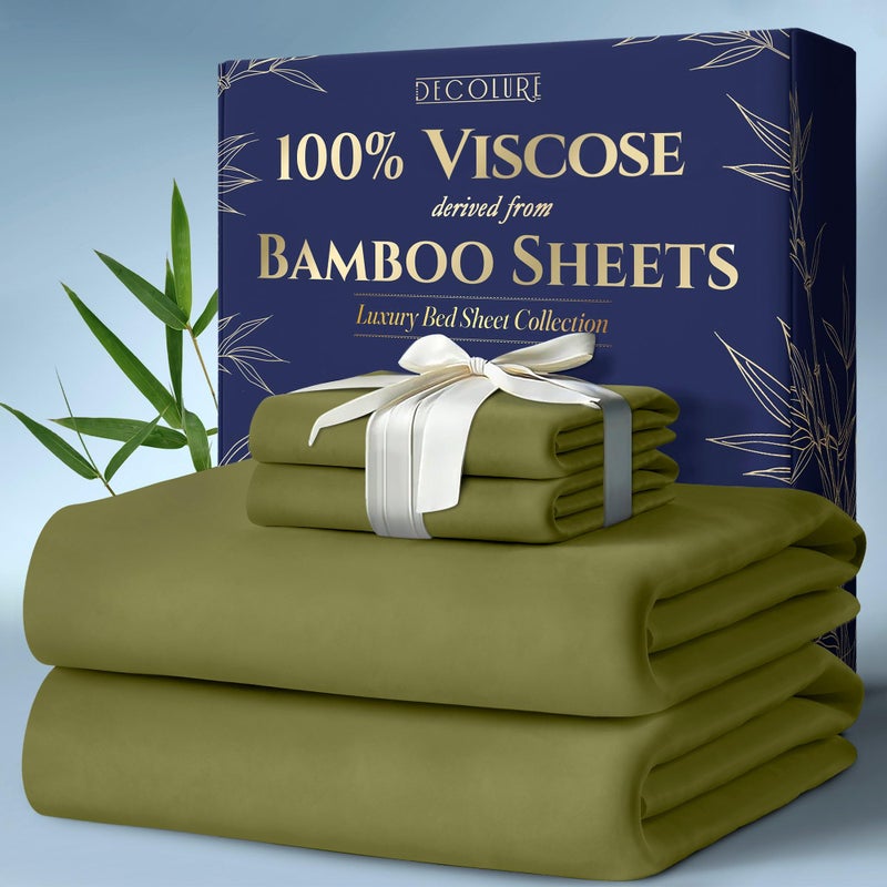 DECOLURE 100 Viscose Derived from Bamboo Sheets King Size 4pcs  Ultra Soft  Luxuriously Cooling 17 Deep Pocket Double Stitching Perfect for Hot Sleepers  King Bed Sheets Light Olive