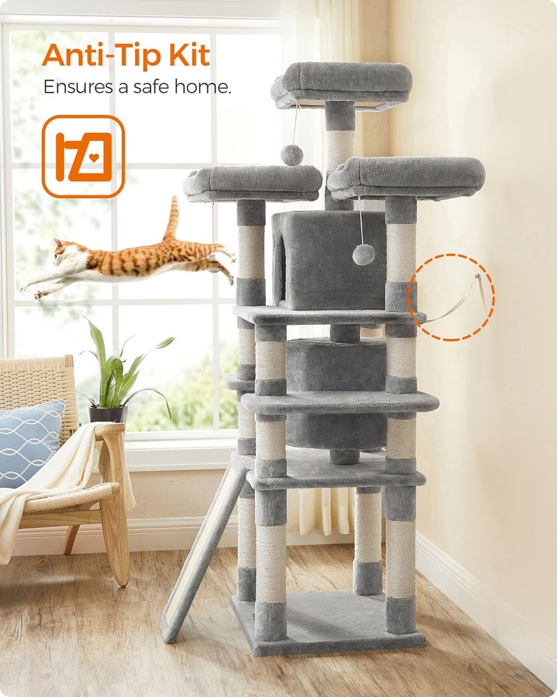 FEANDREA Large Cat Tree Tower – 170 cm, Light Grey, Plush Perches, Spacious Cat Caves, Inclined Scratching Board, Sisal Posts, Anti-Tip Kit - Image 5