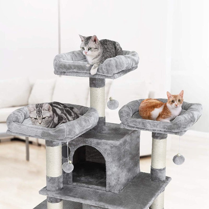 FEANDREA Large Cat Tree Tower – 170 cm, Light Grey, Plush Perches, Spacious Cat Caves, Inclined Scratching Board, Sisal Posts, Anti-Tip Kit - Image 3