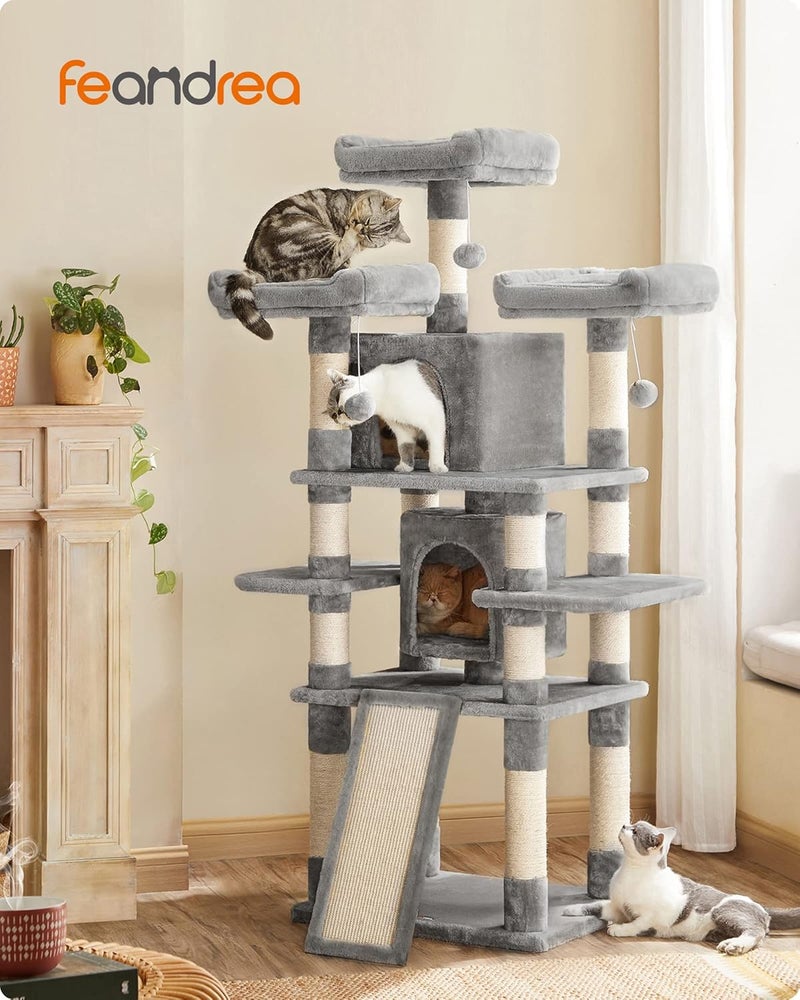 FEANDREA Large Cat Tree Tower – 170 cm, Light Grey, Plush Perches, Spacious Cat Caves, Inclined Scratching Board, Sisal Posts, Anti-Tip Kit - Image 1