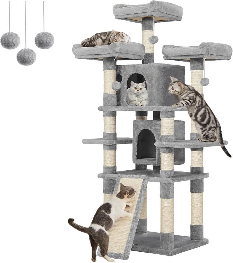 FEANDREA Large Cat Tree Tower – 170 cm, Light Grey, Plush Perches, Spacious Cat Caves, Inclined Scratching Board, Sisal Posts, Anti-Tip Kit - Image 2