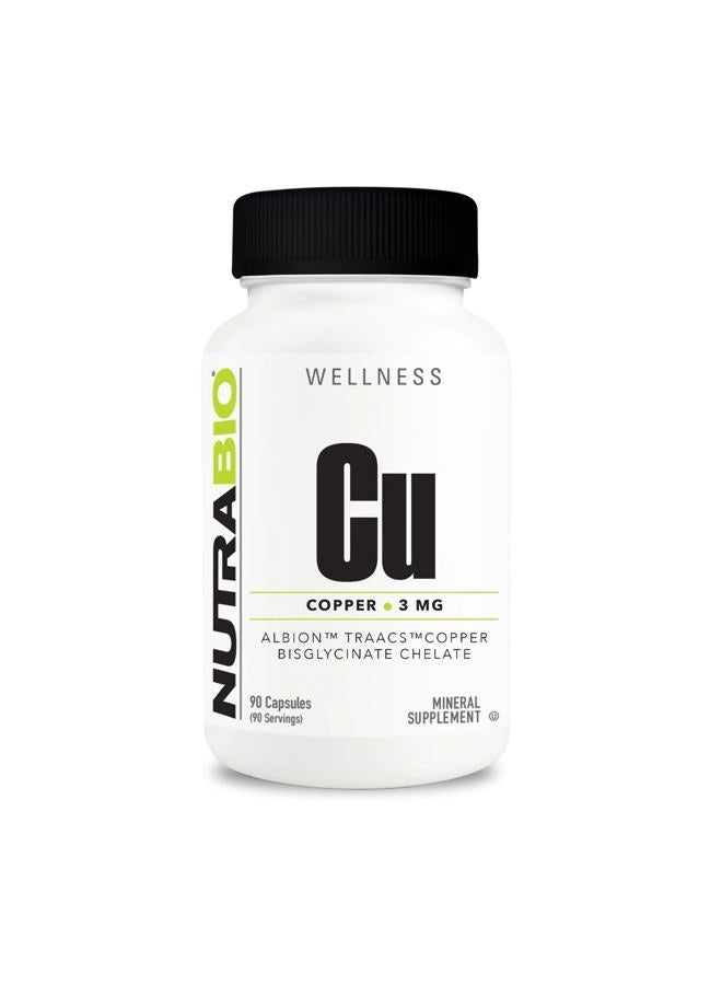 NutraBio Copper BisGlycinate Chelate (3mg), Immune Support - 90 Capsules - Image 1
