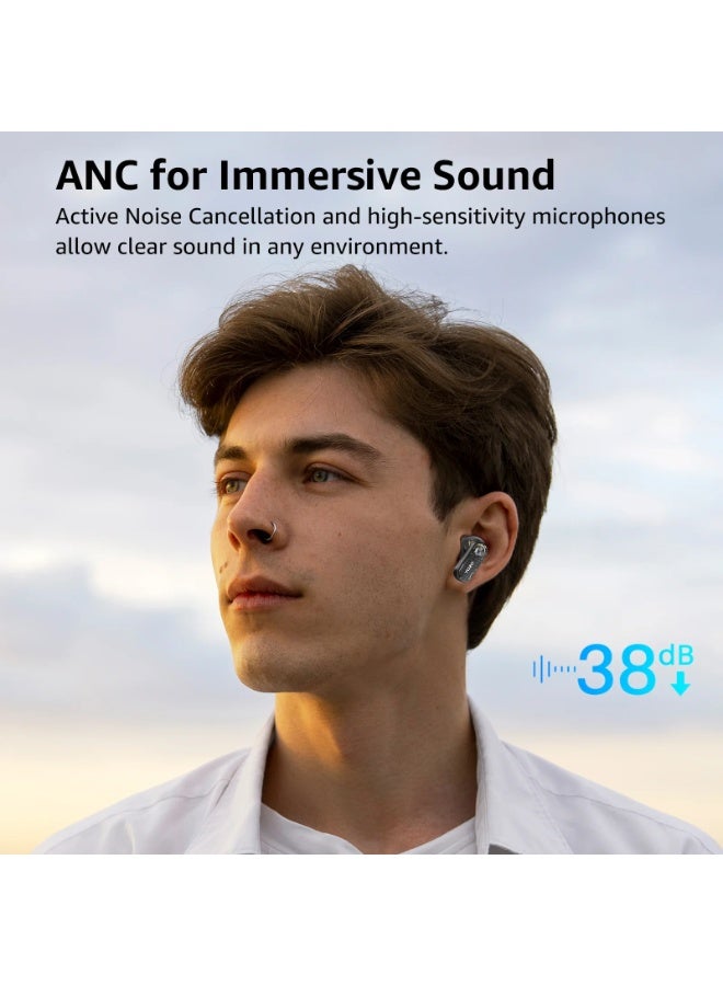 توزو سماعات Aerosound3 اللاسلكية بتقنية إلغاء الضوضاء الهجينة، مشغلات 10 مم مع جهير عميق، 4 ميكروفونات بتقنية ENC الذكية لمكالمات مدعومة بالذكاء الاصطناعي، 32 إعداد EQ عبر التطبيق، بلوتوث 5.4، تصميم علبة كريستالية، اللون أسود - Image 2