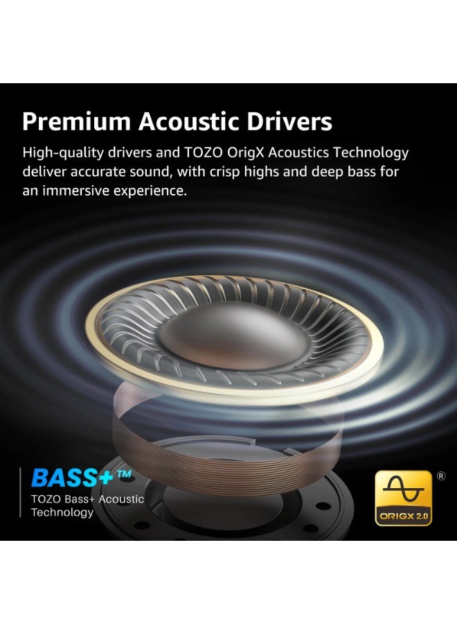 توزو سماعات Aerosound3 اللاسلكية بتقنية إلغاء الضوضاء الهجينة، مشغلات 10 مم مع جهير عميق، 4 ميكروفونات بتقنية ENC الذكية لمكالمات مدعومة بالذكاء الاصطناعي، 32 إعداد EQ عبر التطبيق، بلوتوث 5.4، تصميم علبة كريستالية، اللون أسود - Image 5