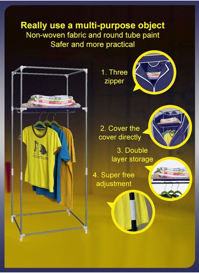 DBLEW Portable 2 Layer Freestanding Wardrobe Closet Clothes Storage Organizer With Hanging Rack & Waterproof Non-Woven Fabric Cover For Shirts Suits Blankets Bed Sheets Pants Shoes  - Image 2