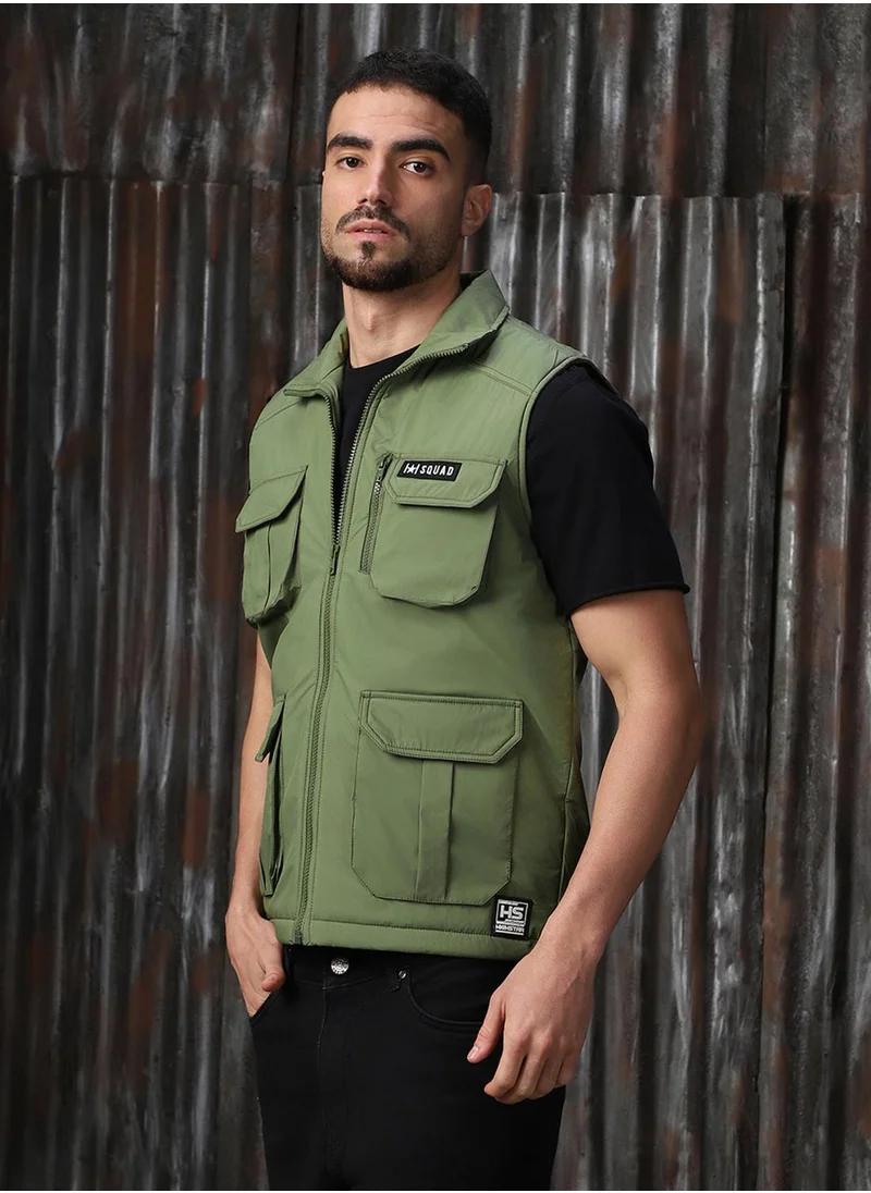 HIGH STAR Men's Green 100% Polyester Printed Regular Fit Jacket
