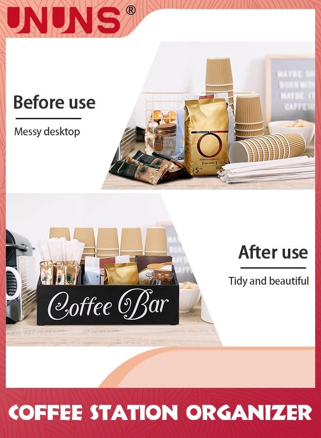 UNUNS صندوق تخزين كبسولات القهوة، منظم محطة قهوة مكون من 4 شبكات للمنضدة، سلة تخزين حامل كبسولات القهوة الخشبية، ديكور بار القهوة الريفي لمنظم ملحقات القهوة، أسود - Image 1