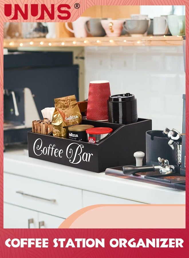 UNUNS صندوق تخزين كبسولات القهوة، منظم محطة قهوة مكون من 4 شبكات للمنضدة، سلة تخزين حامل كبسولات القهوة الخشبية، ديكور بار القهوة الريفي لمنظم ملحقات القهوة، أسود - Image 2