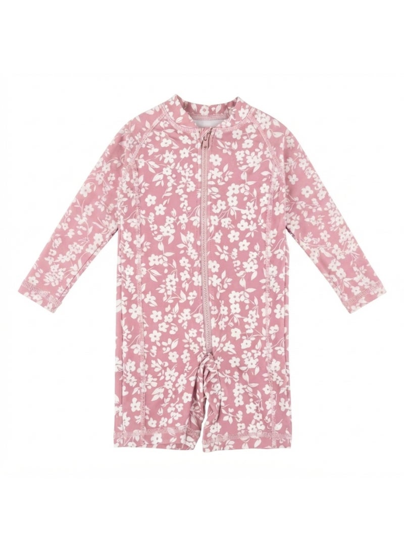 Slipstop Rose Flower Baby Girls One Piece Full Print Swimsuit - Quick Dry UV Sun Protection Swimwear - Image 1