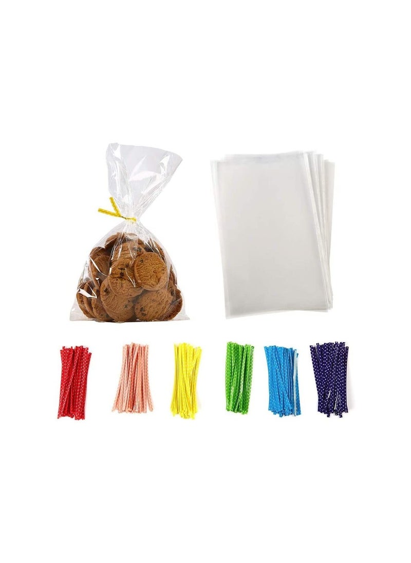 Party with Emma 100 Sets Clear Plastic Cellophane Bags with 6 Colored Twist Ties for Gifts Party Favors Bag Cookies Biscuit Gift Bag Candy Bag  - Image 1