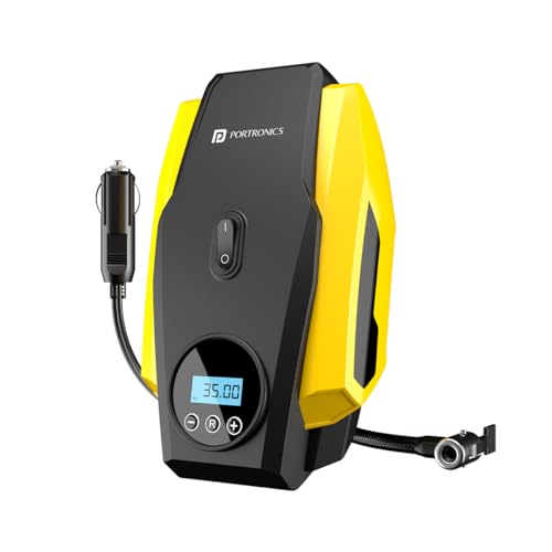 Portronics Vayu Lite Portable Tyre Inflator for Car, Bike, Cycle with 150 PSI Pressure, Digital Display, Auto Shut-Off, LED Light, 2.7m Cord, Air Pump Compressor for Cigarette Lighter Socket (Black) - Image 1