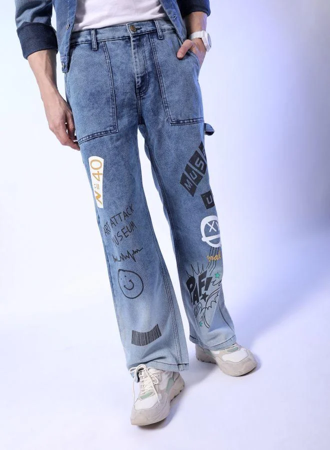 Men Baggy Placement Print Mid-Rise Stretchable Jeans