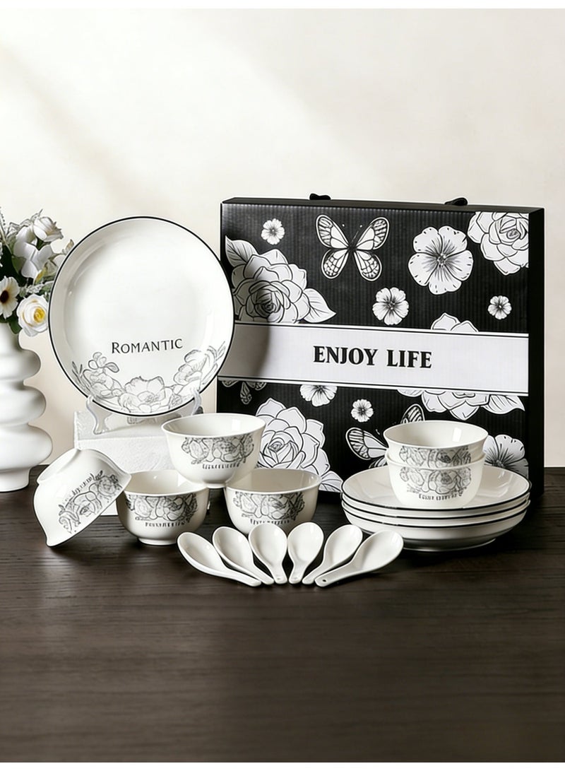 16-Piece Romantic Floral Ceramic Tableware Set with Plates Bowls Spoons, Complete Gift Box, Ideal for Family Gatherings & Housewarming - Image 1